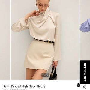 Commense Cream Satin Draped High Neck Blouse